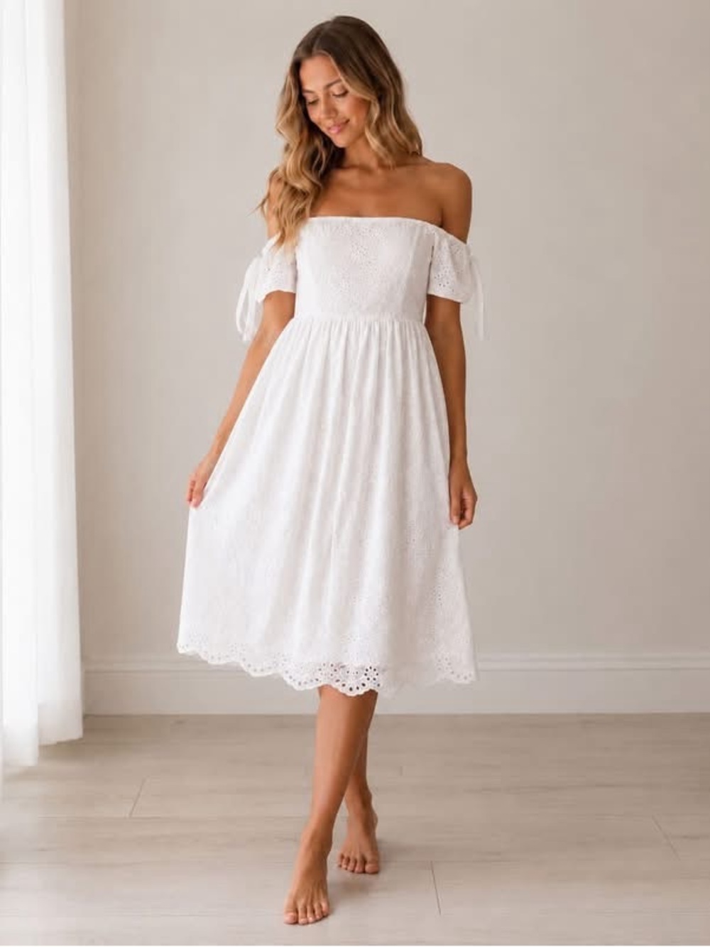 HD in Paris Women’s 100% Cotton White Eyelet Strapless Midi Dress. Size: Medium